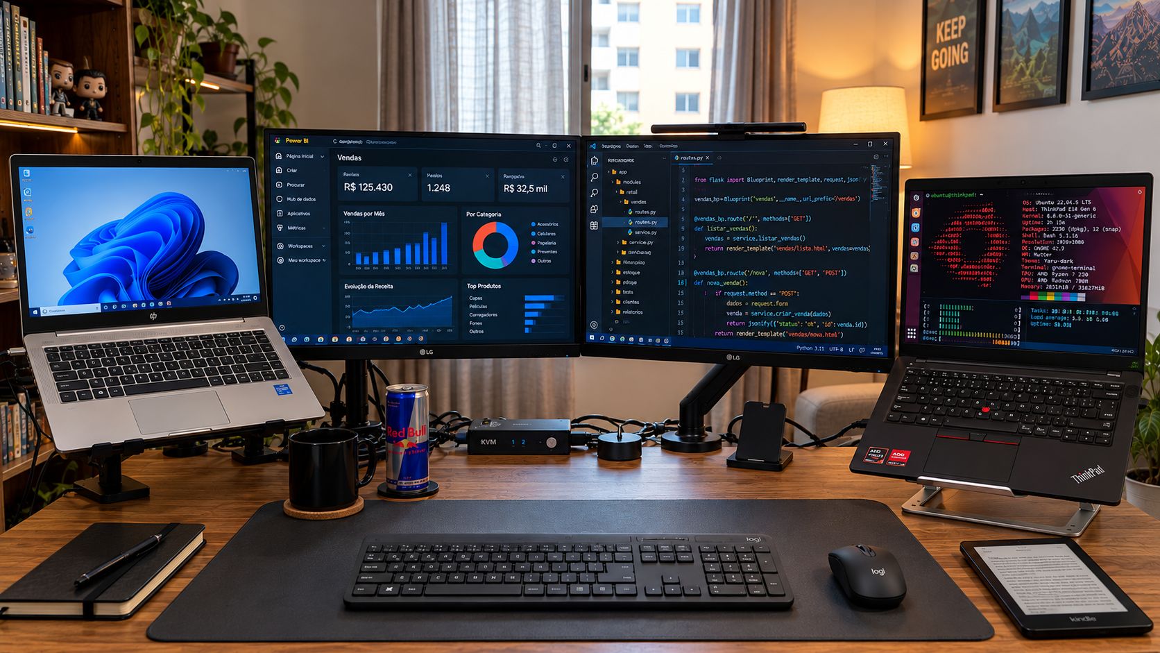 Workspace de desenvolvimento de software de Weliton Rangel com duas estações, monitores duplos e ambiente para engenharia, dados e automação.